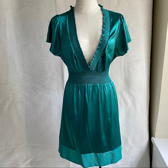 BCBGMaxAzria M Silk Sexy Boho Babydoll Dress Green - Picture 8 of 8